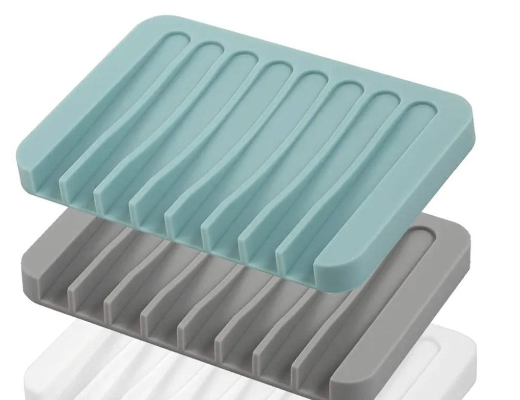 Self Draining Soap Dishes, 3 Pcs Silicone Soap Saver, Waterfall Drainer Soap Holder for Bathroom, Extend Soap Life, Keep Soap Bars Dry Clean & Easy Cleaning (Gray, Teal)