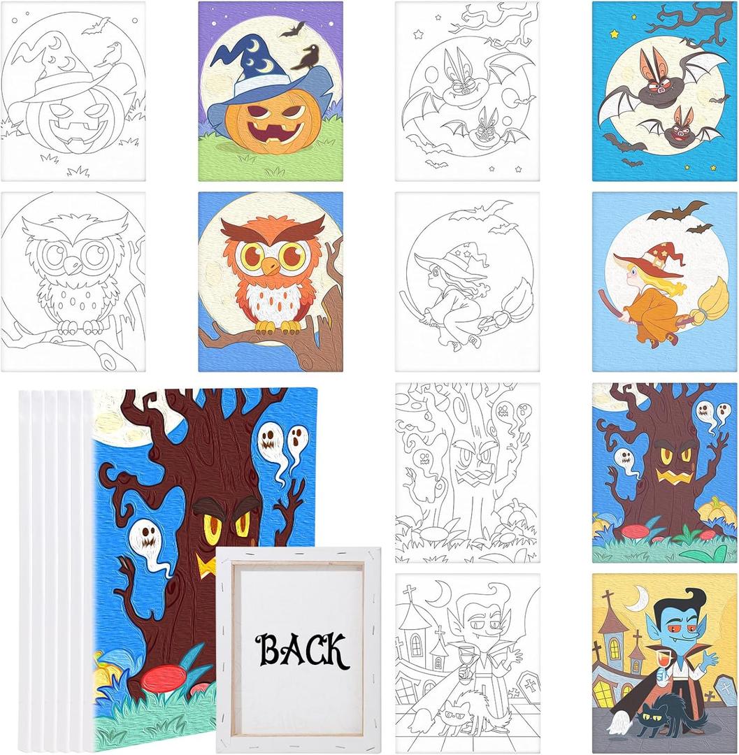 Cindeer 6 Packs 8 x 10 Inches Halloween Pre Drawn Canvas for Adult Framed Pumpkin Witch Bundle Stretched Painting Canvas DIY Halloween Acrylic Pouring and Oil Painting Party Favor(Normal)