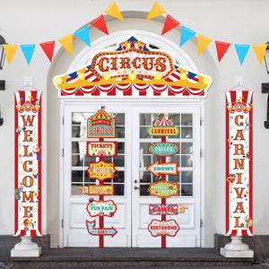ShinyRelief 15 Pcs Circus Decorations Carnival Striped Awning Porch Banner Carnival Theme Directional Signs Welcome to the Circus for Birthday Party Supplies