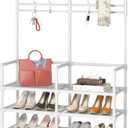 Laiensia 5-Tier Entryway Coat Rack, Coat and Shoe Rack, Entryway Bench Storage Organizer with 8 Hooks for Bedroom, Hallway, Office, White