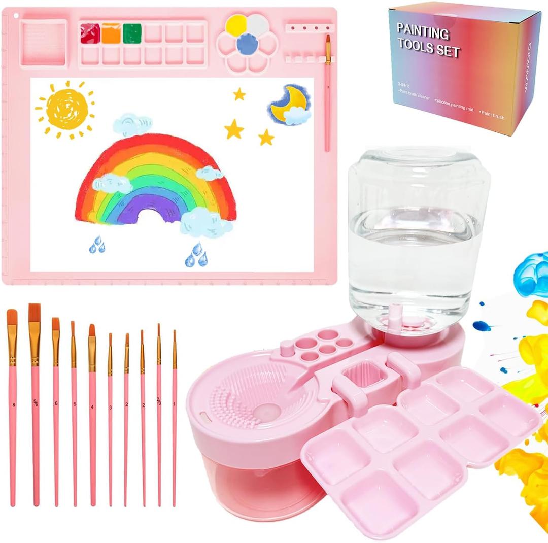 Painting Station, Paint Brush Cleaner (Upgraded) and Silicone Painting Mat 20"X16" with 10 Paint Brushes, Leak Proof Paint Brush Rinser, Gift for Adults Artist Beginners (Pink)