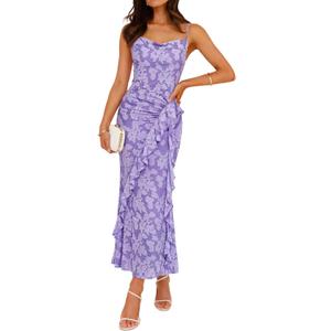 ZESICA Women's Summer Floral Sleeveless Bodycon Dress 2026 Square Neck Ruched Wedding Guest Party Maxi Dresses, Medium