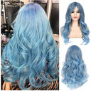 Blue Wig for Women Long Curly Wavy Pastel Blue Wig Side Part Synthetic Halloween Cosplay Wig