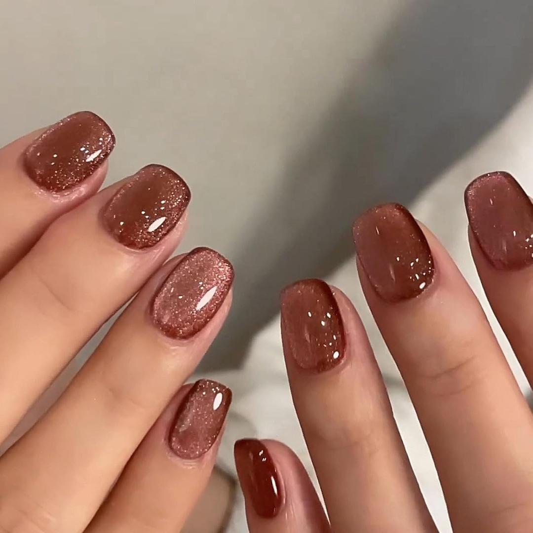 4 x Short Press on Nails Square Fake Nails with Cat Eye Designs Brown Nails Press ons Glossy Glue on Nails Fall Acrylic Nails Daily Wear Simple False Nails Artificial Stick on Nails for Women 24Pcs