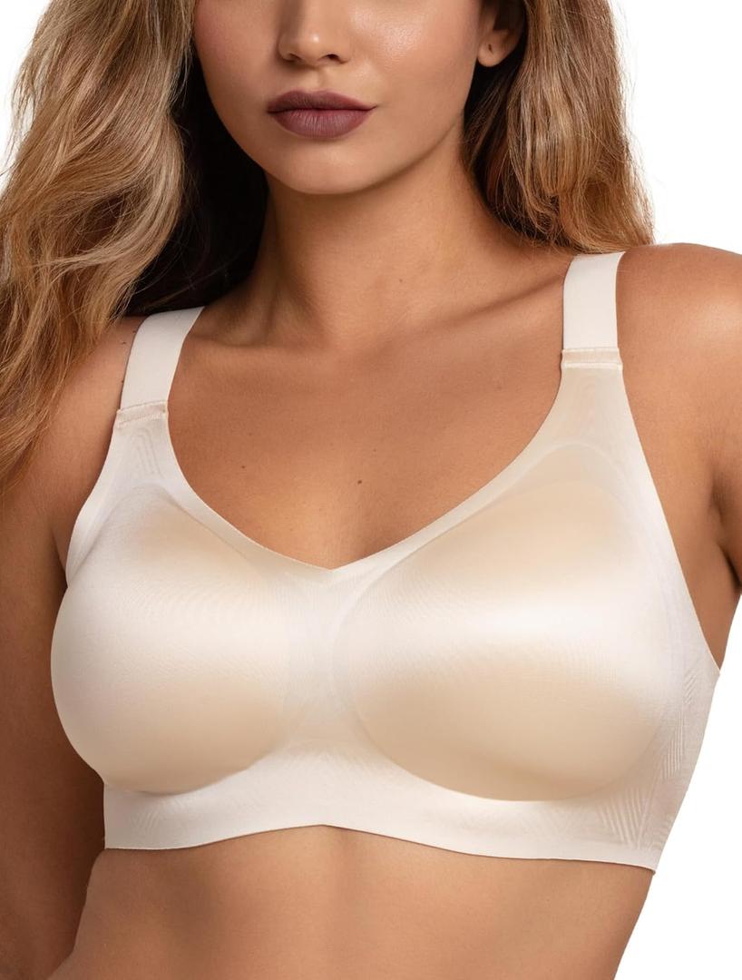 COMFELIE Bras for Women 2025 Luxury Satin Curve Pop NanoSoft Seamless Wireless Bra with Laundry Bag (3X-Large, Champagne)