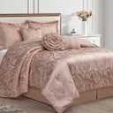 LANCO MODERN LIFESTYLE Bright Blush 7 Piece Comforter Set, King, Elegant Floral Jacquard, Ultra Soft Bed Set for All Seasons, Bed in a Bag, Include Comforter, Bed Skirt, Pillow Shams & Decor Pillows