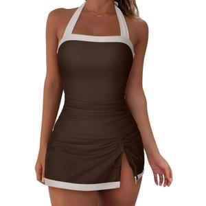SUUKSESS Women Tummy Control Tankini Swimsuits with Skirt Backless Bathing Suit (Medium, Beige Brown)
