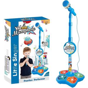 Kids Standing Microphone, Adjustable Standing Microphone, Children's Microphone, Karaoke Machines with Light Pedal, Sing Musical Toy with Flashing Stage Lights, Karaoke Toys Gift for Boy,Girls (Blue)
