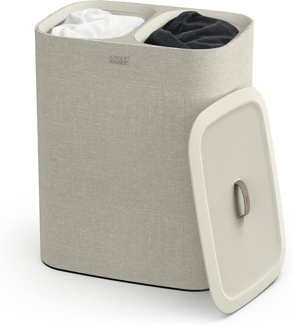 Joseph Joseph Tota 90 liter/23.8 gallon Laundry Hamper Separation Basket with lid, 2 Removable Washing Bags with Handles - Ecru, Dual Compartment 90l