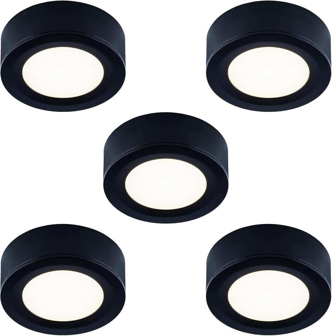 LUMILAND Wired LED Puck Lights 120V (2.7Wx5) Plug-in Lighting Warm White, LED Cabinet Light for Kitchen Can Be Surface Mount or Recess Mount, Black (3000K)