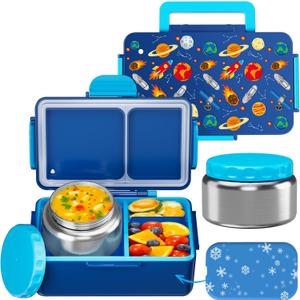 SHPMXUPW Kids Bento Lunch Box  12oz StainlessSteel Soup Thermo & 3Compartment LeakProof Food Container with BuiltIn Ice Pack, Insulated Food Jar for Boys & Girls, School & Travel (Blue-Universe)
