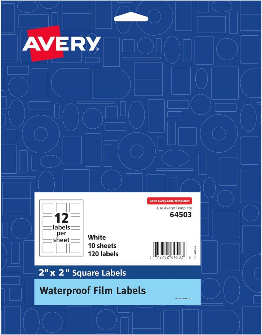 Avery Durable Waterproof Oil-Resistant Film Labels with Sure Feed Technology, 2" x 2" Square, Laser/Pigment-Inkjet, 120 Labels (64503)