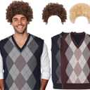 2 Pcs Halloween Cosplay Costume Set Afro Fluffy Wigs Pullover Knitwear Vests for Men Women Cosplay Disco Hippie