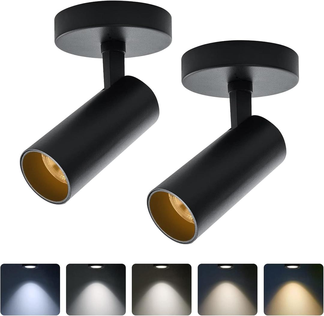 LED Ceiling Spotlight 5CCT 2700K/3000K/3500K/4000K/6000K Selectable Dimmable,Spot Light Indoor Adjustable Flush Mount Lights Fixture 12W CRI 90+, Tilt Angle Accent Lighting, Black 2 Packs