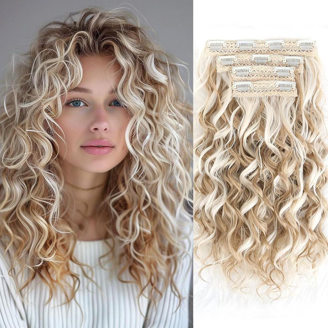 Curly Hair Extensions, LEOSA 4PCS 16 inch Clip in Hair Extensions Short Soft Natural Hairpiece Lace Weft Curly Wave Clip Ins Extensions Invisible for Women, Gold Blonde with beige Highlights