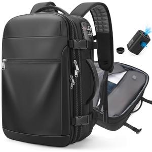 Vacuum Backpack Travel Expandable Compression Carry On Backpack with Vacuum Pump, Water-Resistant TSA Lock Travel Bag, 17" Laptop Backpack for Men Women, Business Airplane Flight Luggage, Black