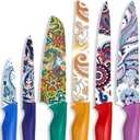 Astercook Paisley Pattern Knife Set with Cover, Dishwasher Safe Colorful Knives with 6 Knife Sheath, German Stainless Steel Rainbow Knife Set