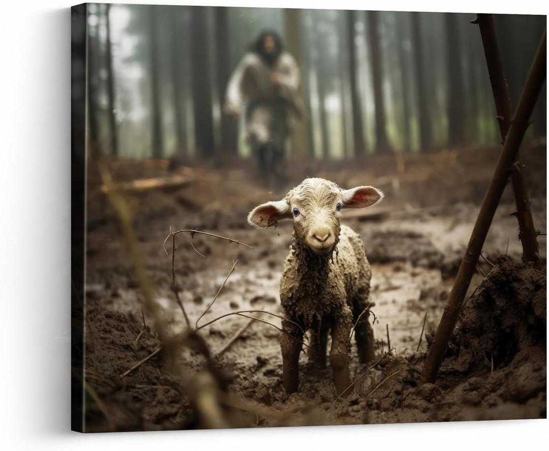 Jesus and Lamb Canvas Wall Art Jesus Running After Lost Lamb Picture Wall Art Canvas Print Christian Home Decor 20x16 inch