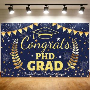 PhD Graduation Decorations, 71×43'' Congrats PhD Grad Backdrop, Navy Gold Doctorate Graduation Banner for Photography, Doctoral Degree Party Supplies-Insight Forged, Doctorate Earned