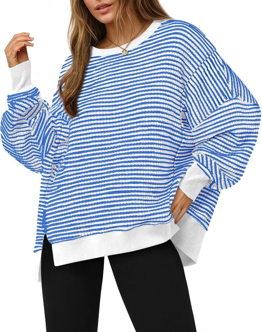 Fisoew Women's Fall Oversized Sweatshirt Casual Waffle Knit Long Sleeve Crewneck Split Pullover Tunic Tops M