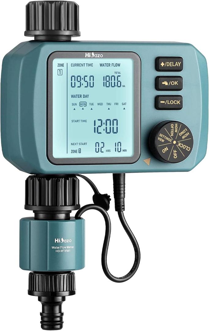 Programmable Water Timer with Flow Meter for Garden Hose, Eco Mode, Manual Watering, Rain Delay, Child Lock, for Lawn, Yard, Pool, Mist System