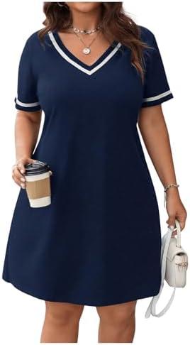 Verdusa Women's Plus Size A Line T Shirt Dress Short Sleeve V Neck Tunic Dresses Casual Outfits Size 2XL