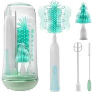 Electric Bottle Brush Cleaner, Rechargable Electric Baby Bottle Brush for Travel, Waterproof Electric Bottle Cleaner Set with Nipple & Straw Brush, Perfect Essentials Gift for Mom After Birth, Green