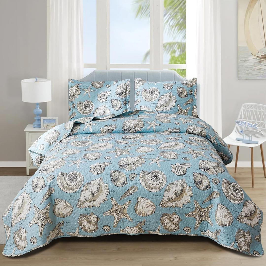 Beach Quilts Set Full/Queen Size Ocean Theme Bedspreads,3Pcs Seashell Conch Starfish Coverlet Set Lightweight Reversible Bedding with Pillow Shams,Blue