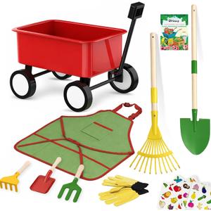 Qtioucp Kids Gardening Wheelbarrow Set, Metal & Wooden Garden Tools for Kids Ages 3-8, Real Wheelbarrows with Apron, Gloves & STEM Guide, Outdoor Backyard Garden Toy Gift
