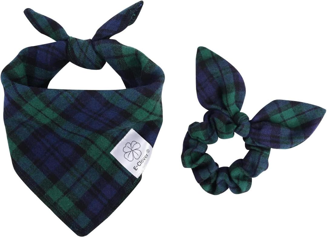 E-Clover Green Dog Bandanas Boy & Matching Scrunchie Set Plaid Scarf Kerchief for Small Dog Puppy Bandana Pet Owner Blue St Patrick Spring