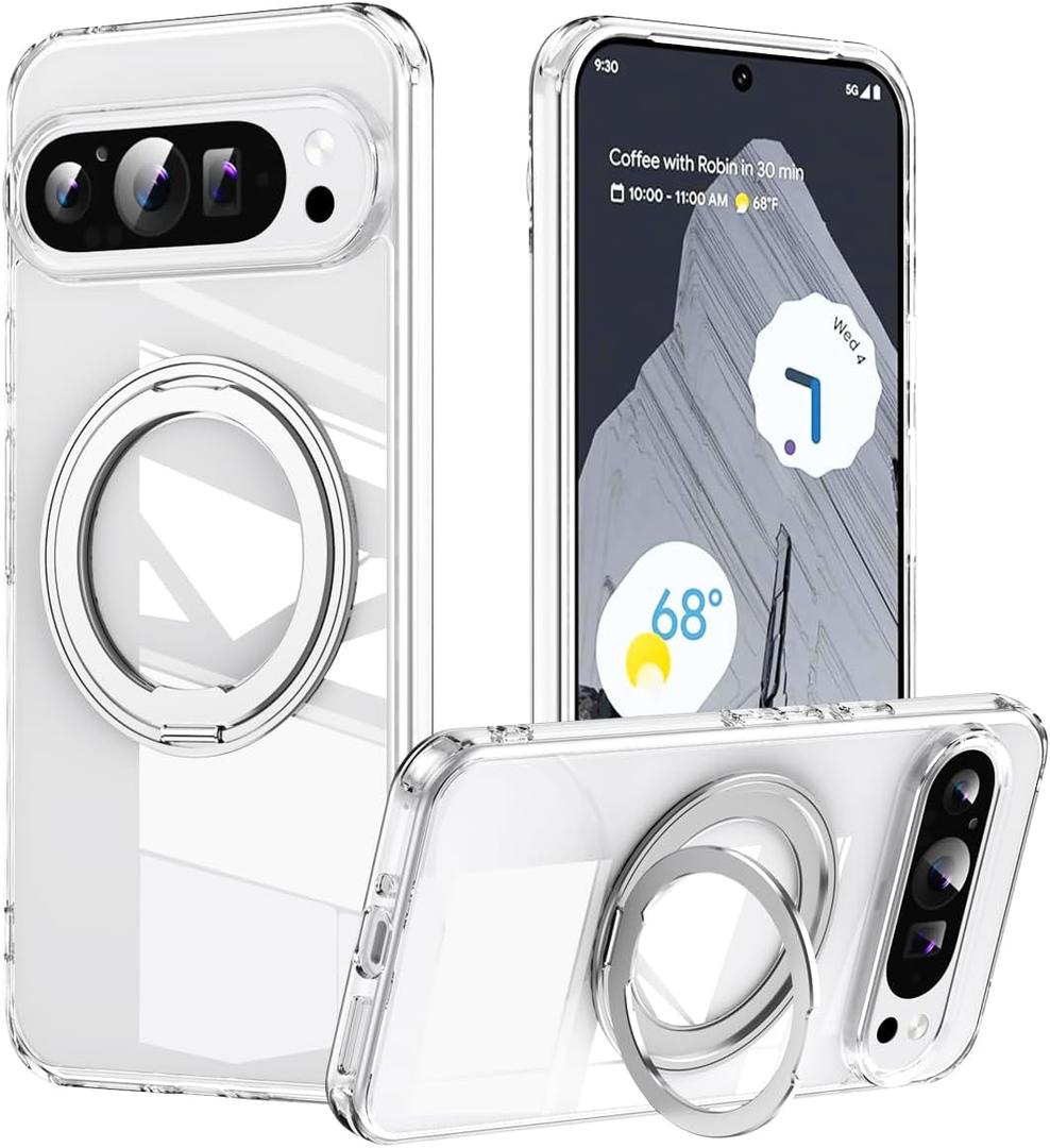 Fit for Google Pixel 9 Pro Case/Google Pixel 9 Clear Case 6.3 inchCompatible with Magsafe 360 Rotatable Ring Kickstand Transparent Back Cover Magnetic 360 Stand Protection Rugged Phone Case
