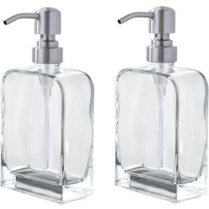 Glass Soap Dispenser with Rust Proof Stainless Steel Pump, Kitchen Hand and Dish Soap Dispensers 2 Pack Set, Refillable Hand Sanitizer Clear Soap Dispenser Bathroom Set, Brushed Nickel