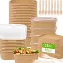 50 Pack 25 oz Paper Food Containers with Lids, Meal Prep Containers Disposable Large Paper Bowls, Microwavable and Freezer Storage Use Cardboard Food Containers (Brown)