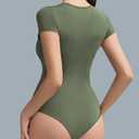 Women's Double-Lined Round Neck Short Sleeve Bodysuit Stretchy T-Shirt Body Suits Basic Tops for 2026 Summer Wear (Green)