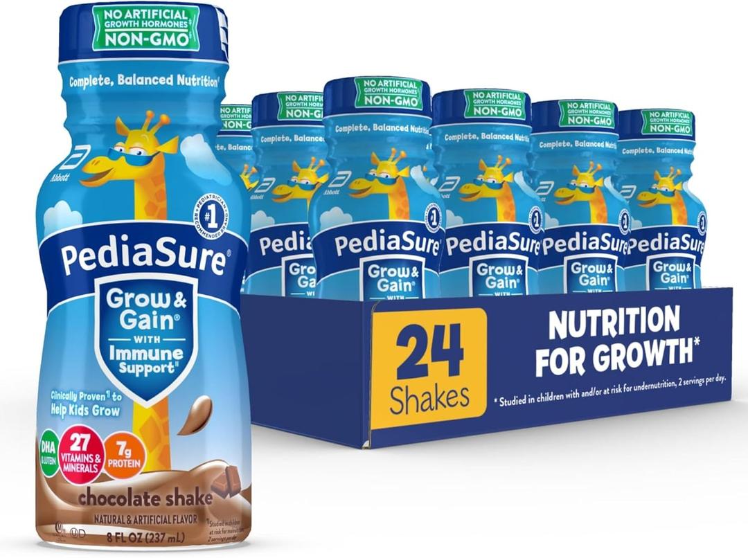 PediaSure Grow & Gain with Immune Support, 27 Vitamins & Minerals for Kids, 7g Protein, Non-GMO, Gluten-Free, Chocolate, 8-fl-oz Bottle, Pack of 24, Best By: 03/01/27