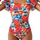 Eomenie Women's Tummy Control One Piece Swimsuit Ruffle Square Neck Bathing Suit Ruched Cutout Back Slimming Swimwear (L)