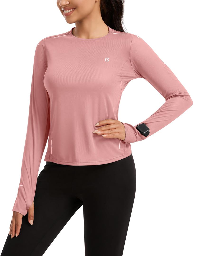 Women's Long Sleeve Running Shirt with Window Watch & Thumb Hole, UPF 50+ Sun Protection, Moisture-Wicking Reflective Gym Top Pink (S)