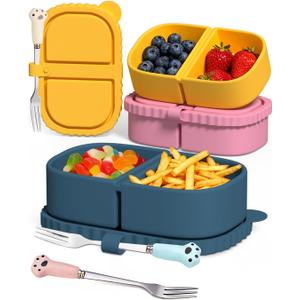 3 Pack Reusable Silicone Snack Containers, 8 oz Double Compartment Portable Snack Box with 3 Forks, Small Leakproof Food Storage Containers with Lids for Salad Dressing Sauce