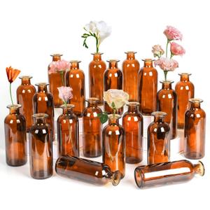 Amber Glass Bud Vase, 20 Pack 8 Oz Living Bud Vases, Small Vases for Flowers, Decorative Amber Bottles for Table Centerpiece, Home Decor, Office, Wedding Reception, Vintage Style (Brown)