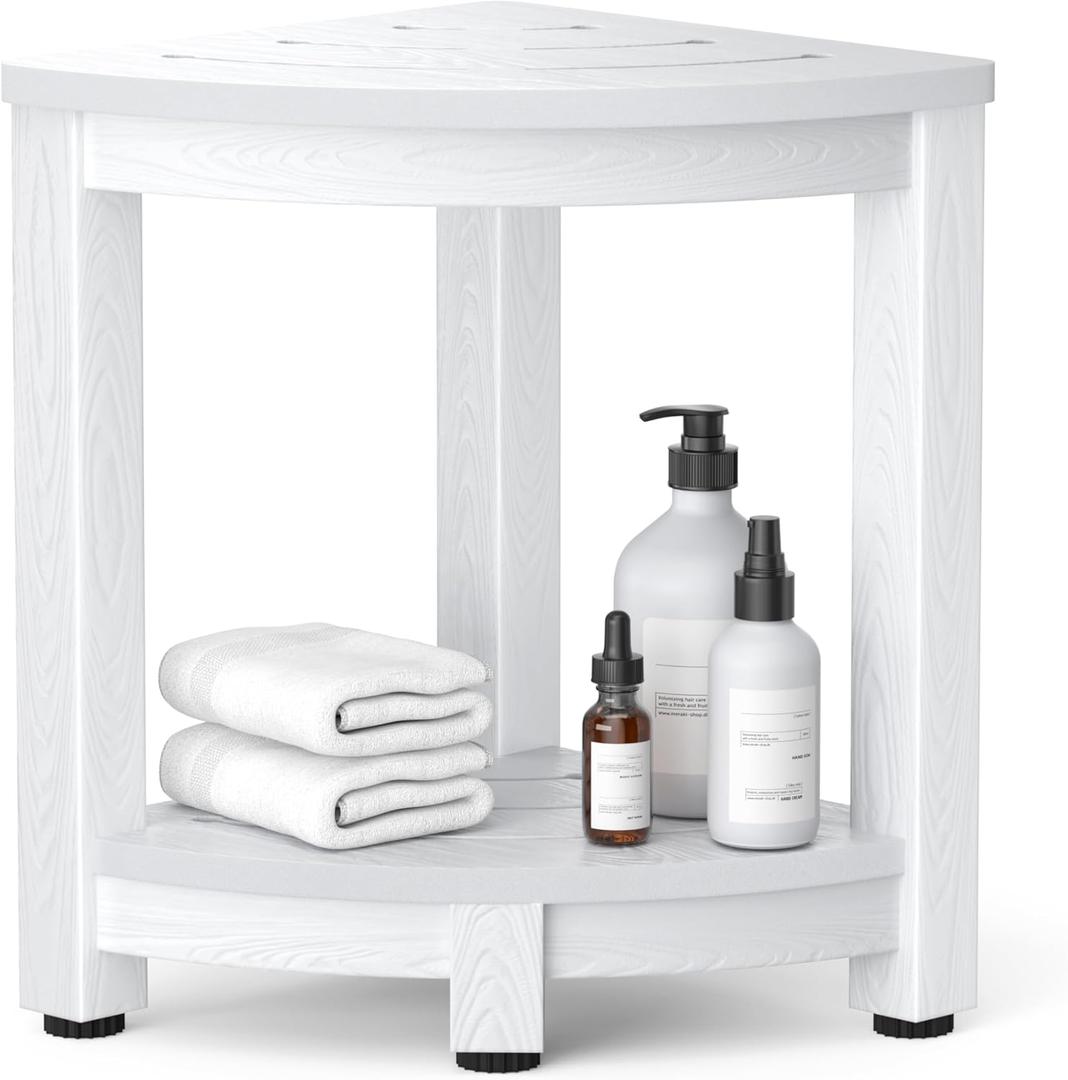 Y&M Corner Shower Stool for Inside Shower, Waterproof Shower Bench for Shaving Legs, 2-Tier Bath Bench with Storage Shelf for Bathroom, Living Room, Indoor or Outdoor Use, White