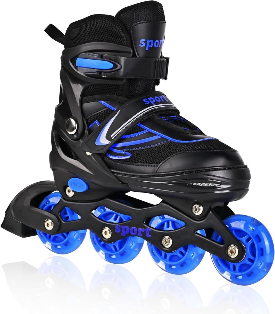 Kids Inline Skates for Girls Boys, Youth and Adult, Adjustable Blades Roller Quad Skates for Men and Women with Full Wheels Illuminating, Outdoor Skates (Small Size, Blue)