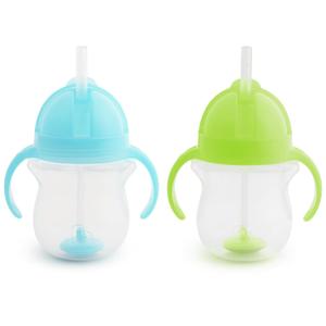 Munchkin Any Angle Sippy Cups for Toddlers, Spill Proof Weighted Straw Cup with Transition Handles for Babies 6 Months and Up, 2 Pack, Blue/Green