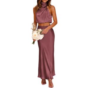 PRETTYGARDEN Women's 2 Piece Satin Outfits Summer Sleeveless Mock Neck Crop Tops and Long Skirt Dress Sets (Brick Red, Small)