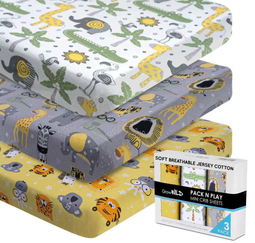 Safari Jersey Cotton Pack n Play Sheets – Set of 3 Mini Crib Sheets
