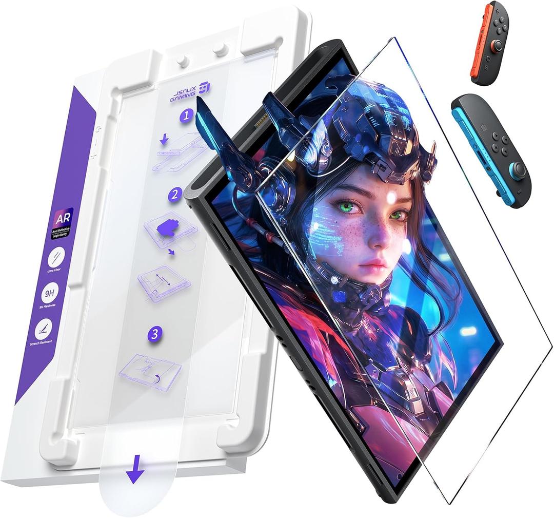JSAUX Obsidian AR Tempered Glass Screen Protector for Switch 2 with Easy-Install Guide Frame, High Transparency AR Coating, 9H+ Hardness, Bubble Free, Anti Fingerprint, Shatter Resistant 1 Pack