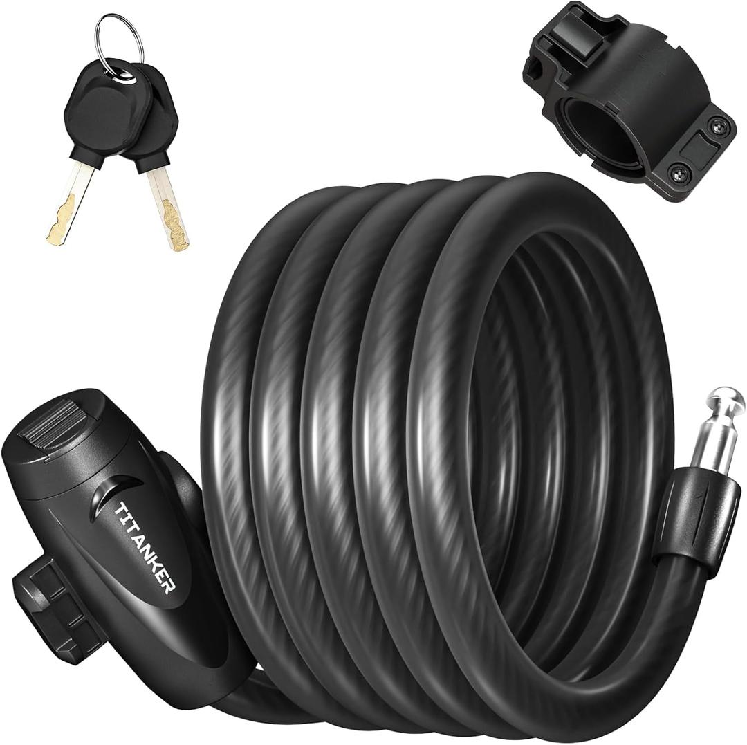 Titanker Bike Lock, Bike Lock Cable 6 Feet Coiled Secure Bicycle Locks with Keys Scooter Locks Bicycle Locker 1/ 2 Inch Thick Heavy Duty Anti Theft Bike Cable Lock with Mounting Bracket