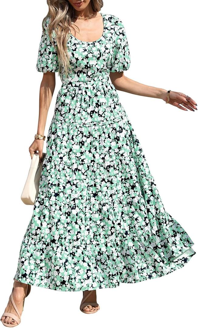 PRETTYGARDEN Puff Short Sleeve Cewneck Floral Long Fall Dresses for Women 2025 Flowy Tiered Hem Maxi Wedding Guest Dress (Medium, Black Green Flower)