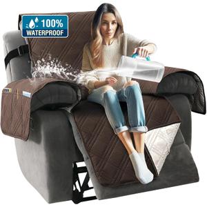 H.VERSAILTEX 100% Waterproof Slip Covers for Recliners with Arms 1-Piece Reversible Recliner Covers for Large Recliner with Elastic Straps Sitting Width Up to 28" (Oversized Recliner, Brown/Beige)