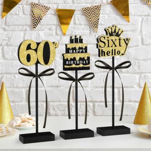 3 Pcs 60th Birthday Table Decorations Wooden Signs,Happy 60th Birthday Tiered Tray Decorations for men women Birthday Party Decor (60)