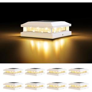 Brightever 4x4 Solar Post Cap Lights Outdoor, Waterproof Solar Powered Deck Lights for 5x5 Wooden/Vinyl Post, Outside White Fence Light with 16LEDs Warm/Cool Lighting in Garden, Patio, Porch, 8-Pack